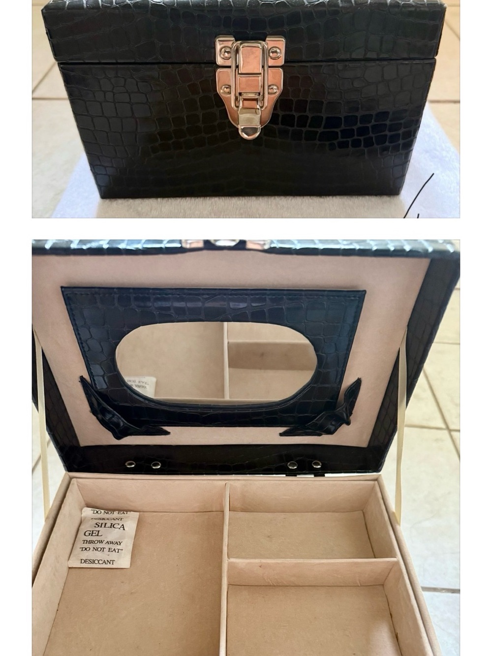 Vintage Nordstrom Makeup Train Case Faux Black Alligator Leather with Gold Trim